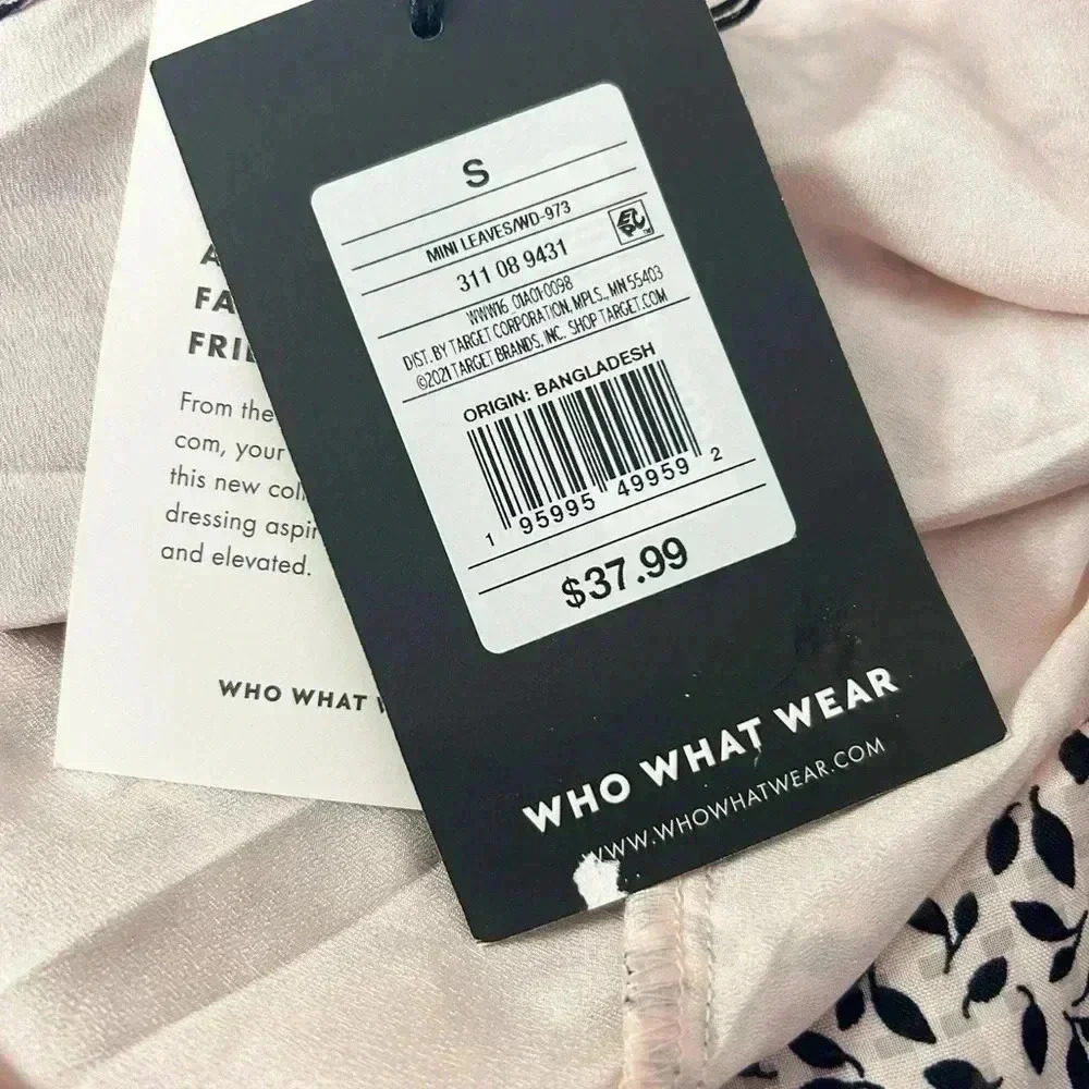Who What Wear Mini Bishop Dress NWT Size Small Light Baby Pink Black Leaf Print - Picture 6 of 10